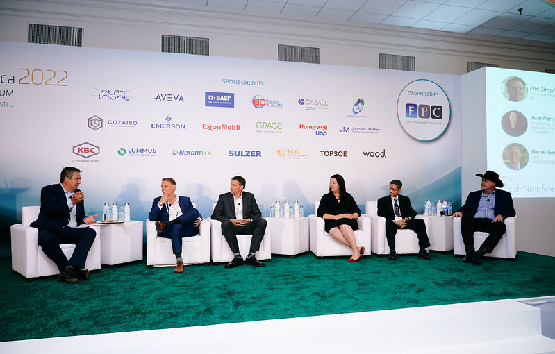 L-R John Florez, Associate Director, Oil & Gas, Boston Consulting Group, Gene Gebolys, CEO, World Energy, Eric Zimpfer, VP Cherry Point Refinery, BP, Jennifer Haley, President & CEO, Kern Oil & Refining Co, Himal Munsif, Sr. Manager Downstream Strategy, Chevron, Nick Andrews, CEO, USA BioEnergy